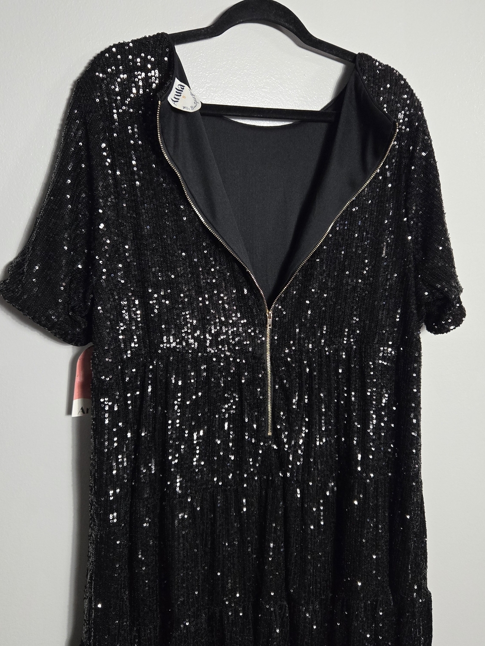 Arula NWT Black Sequin Short Sleeve Shift Mini Dress Holiday Party Size B 2X - Picture 4 of 7
